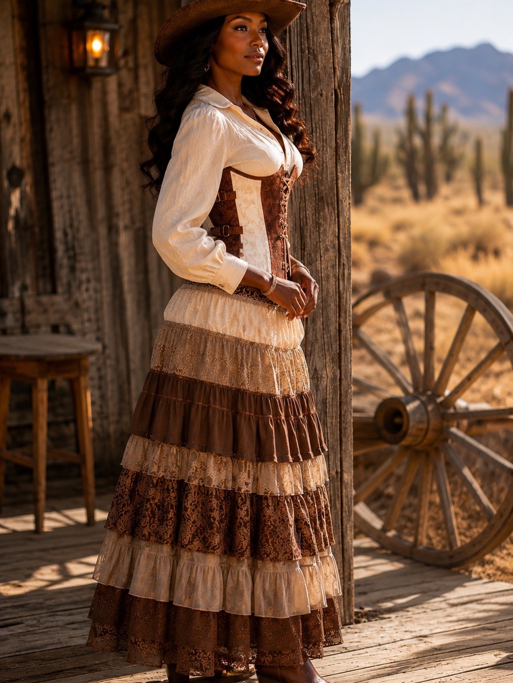 Floral Brocade Corset Top in Brown and Cream - Picture 3 of 8